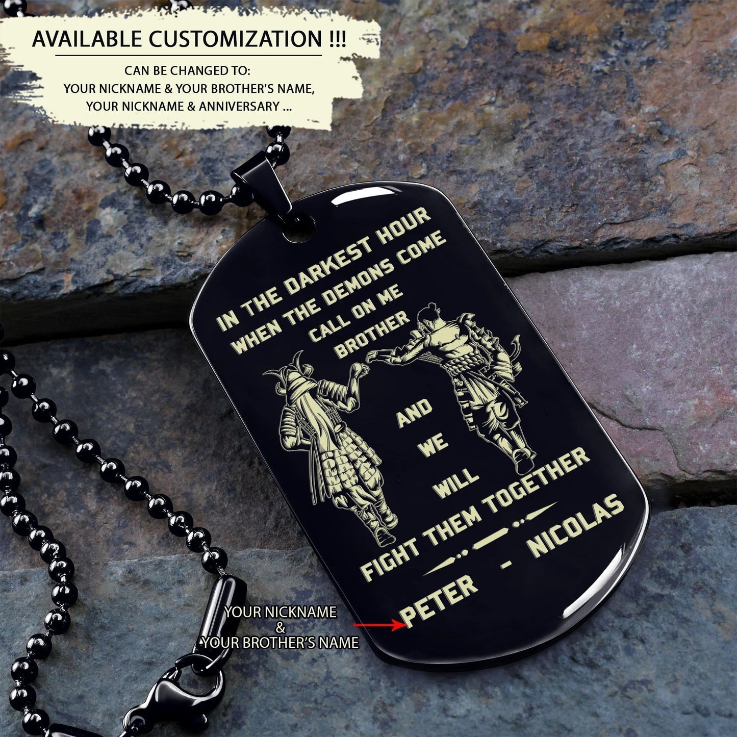 SAMURAI- Call on me brother engraved dog tag