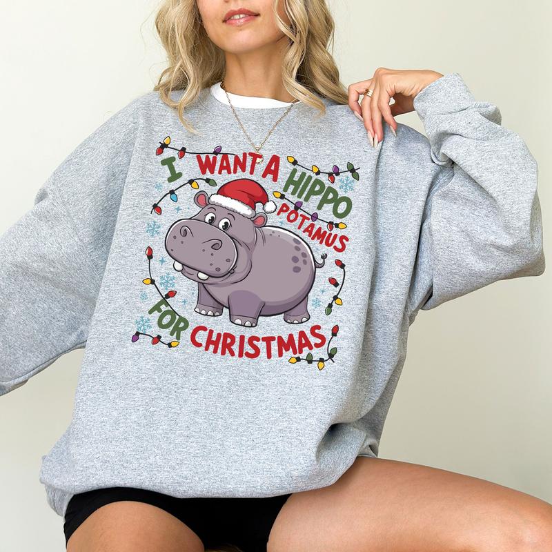 Cute A Hippopotamus For Christmas Shirt, Hippopotamus Christmas Lights Shirts, I Want A Hippo Potamus For Christmas Hoodie Clothing Cotton