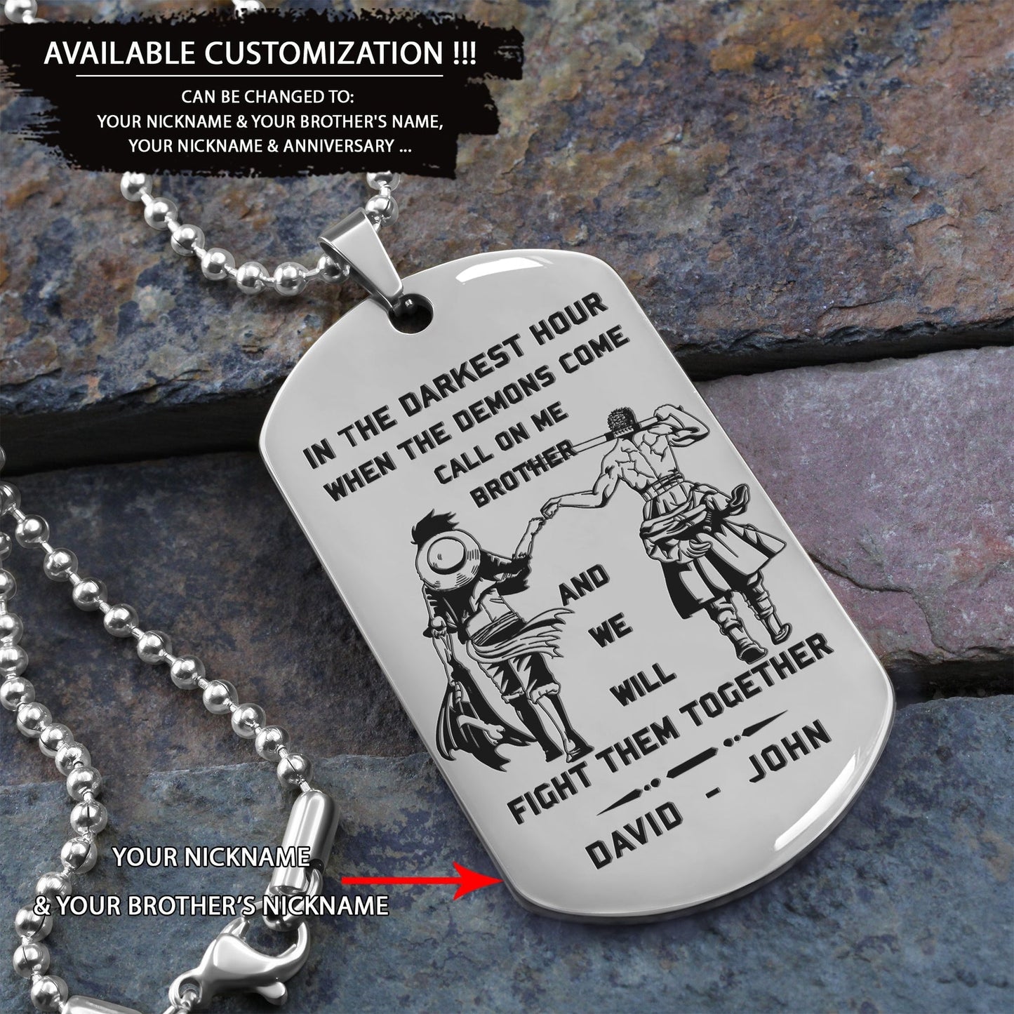 One Piece(Zoro&Luffy)Call on me brother engraved dog tag