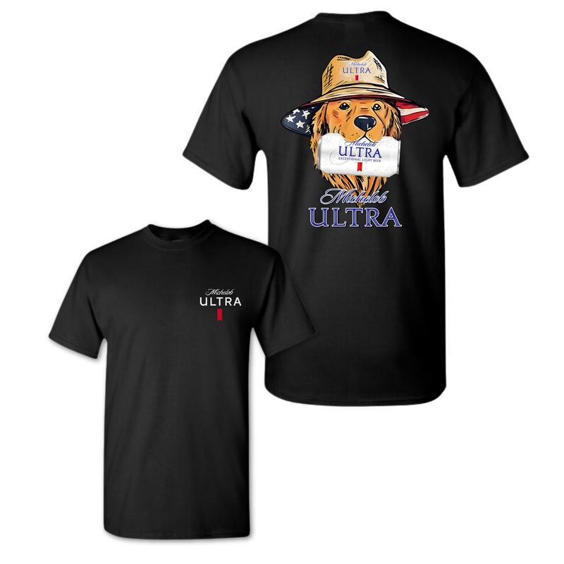 Michelob Ultra Golden Retriever T-Shirt, Dog in Hat Graphic, Beer Drinking Shirt, Patriotic Design, for Men and Women