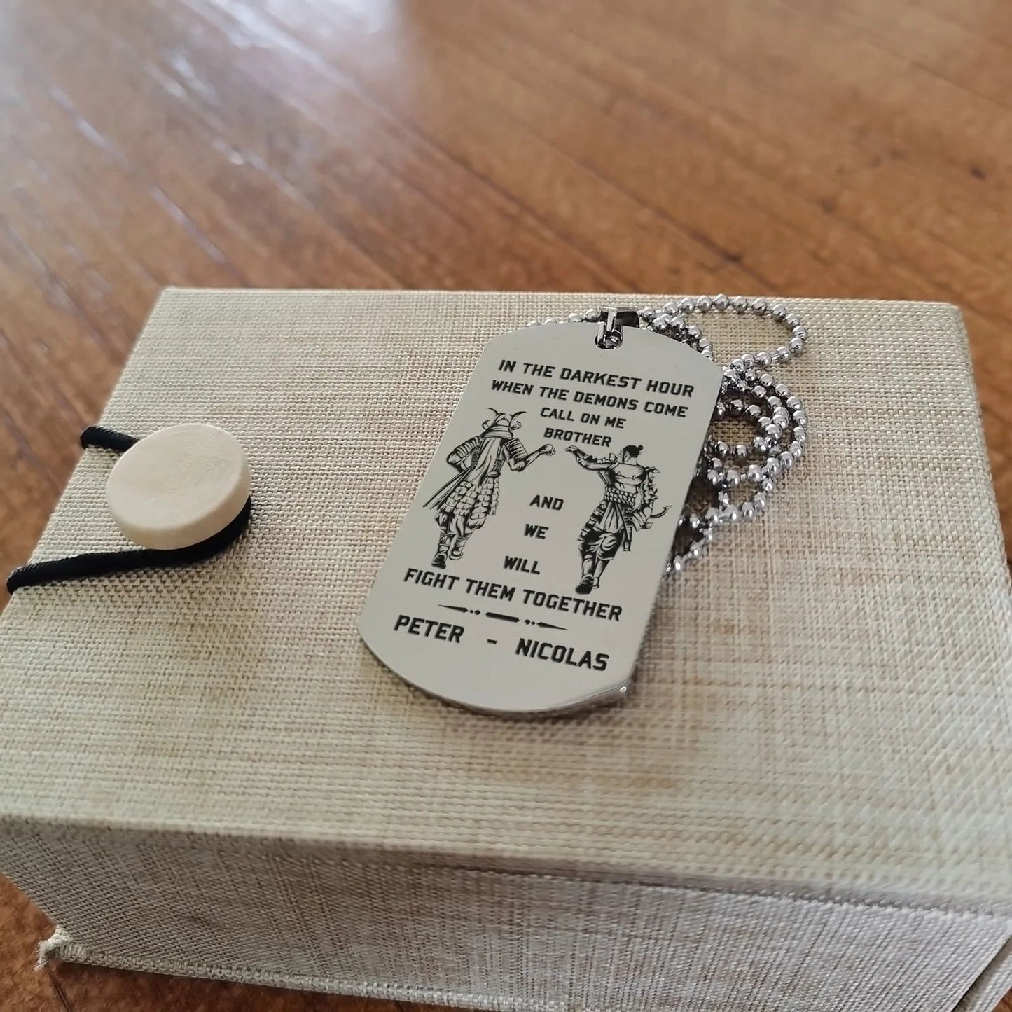 SAMURAI- Call on me brother engraved dog tag