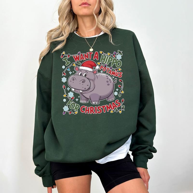 Cute A Hippopotamus For Christmas Shirt, Hippopotamus Christmas Lights Shirts, I Want A Hippo Potamus For Christmas Hoodie Clothing Cotton