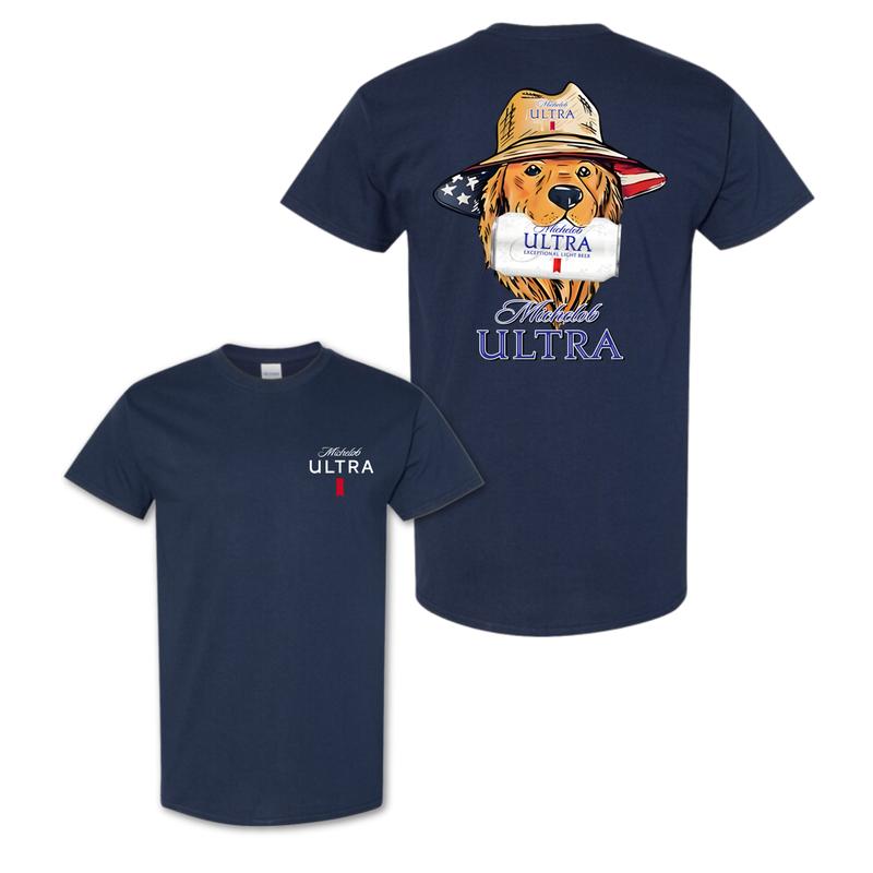 Michelob Ultra Golden Retriever T-Shirt, Dog in Hat Graphic, Beer Drinking Shirt, Patriotic Design, for Men and Women