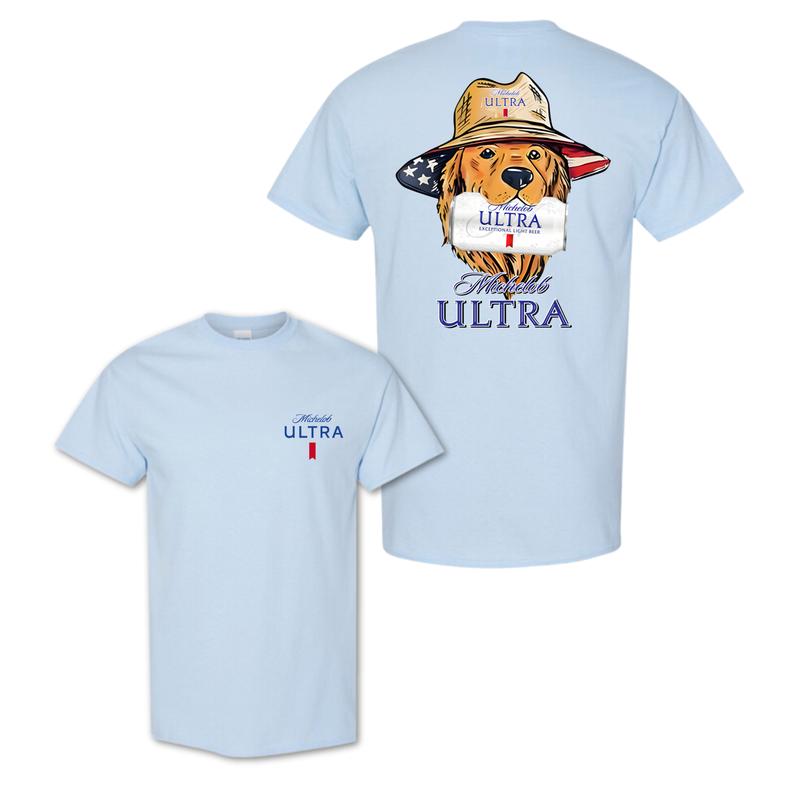 Michelob Ultra Golden Retriever T-Shirt, Dog in Hat Graphic, Beer Drinking Shirt, Patriotic Design, for Men and Women