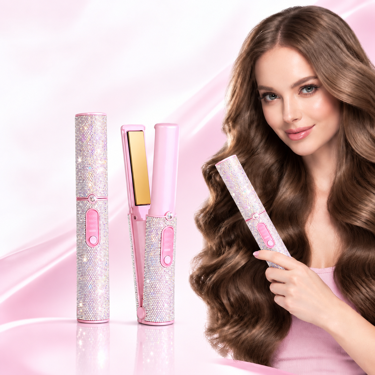 Cordless 2-in-1 Hair Straightener and Curler with Sparkling Rhinestone Design