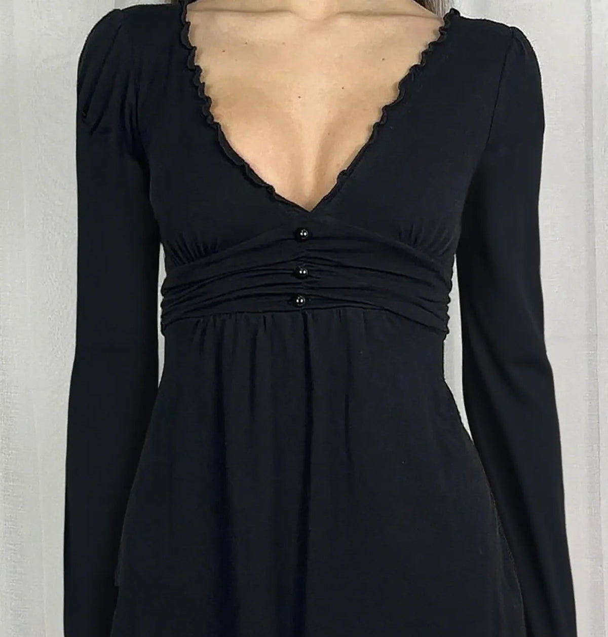 Women's Ruffle Trim V Neck Long Sleeve Top with Ruched Waist [YQT:ULO-260921-005:b2858f229110ffd8]