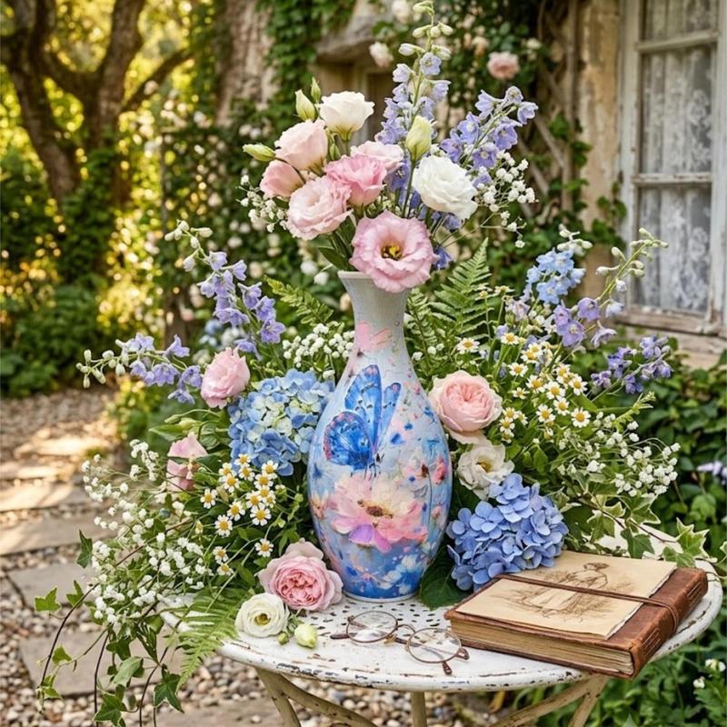 3D Puzzle Vase with Blue Butterfly and Pink Floral Design [YQT:ULO-261017-006:319186a4032f3c41]