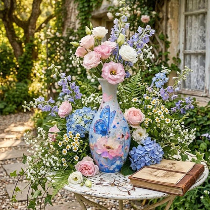 3D Puzzle Vase with Blue Butterfly and Pink Floral Design [YQT:ULO-261017-006:319186a4032f3c41]