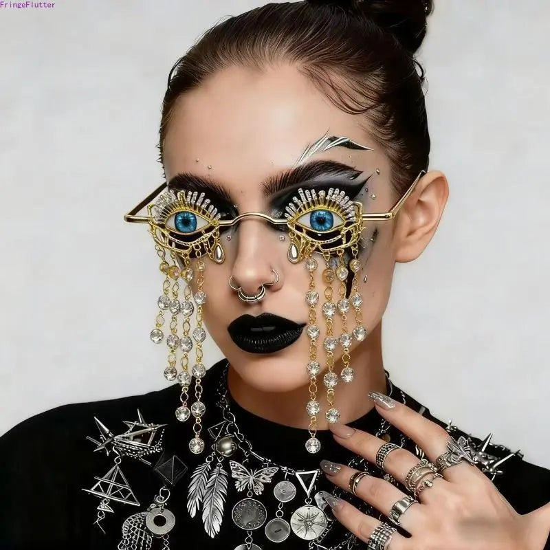 Gothic Blue Eye Glasses with Gold-Tone Frames and Dangling Rhinestone Chains [YQT:ULO-260916-002:bfb35aa9faaf068f]