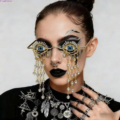 Gothic Blue Eye Glasses with Gold-Tone Frames and Dangling Rhinestone Chains [YQT:ULO-260916-002:bfb35aa9faaf068f]