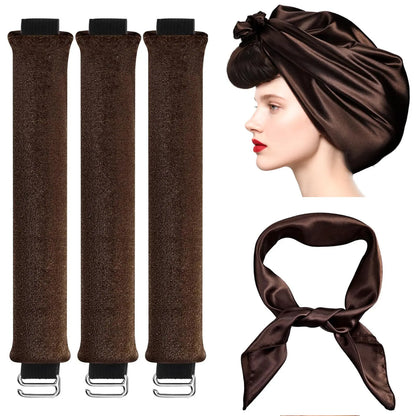 Heatless Hair Curling Set with Three Flexible Rods and Brown Head Scarf [YQT:ULO-260918-005:3782106b0af8c340]