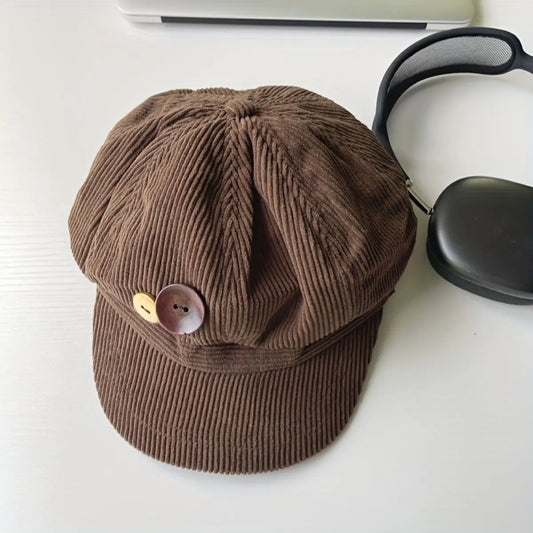 Vintage Style Ribbed Newsboy Cap with Decorative Buttons and Curved Brim [YQT:ULO-260917-002:2360565020f4f5c9]