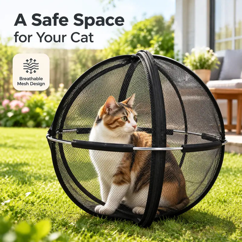 Portable Black Mesh Cat Enclosure with Spherical Pop-Up Design and Zipper Closure [YQT:ULO-261012-006:e7b275aeb051c9f4]