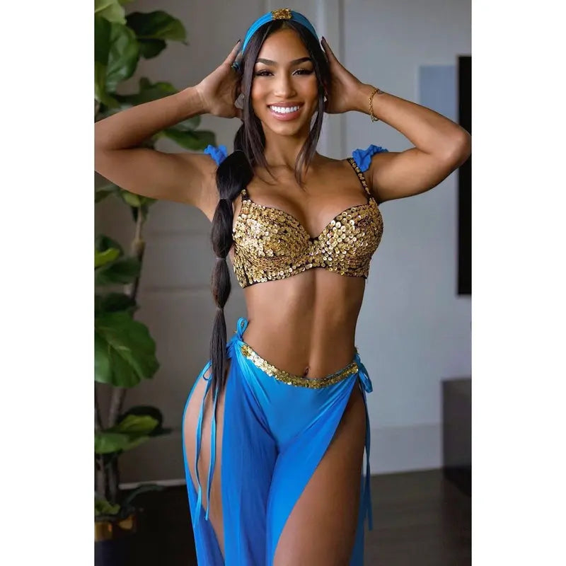 Blue Three Piece Princess Costume Set with Gold Sequin Top [YQT:ULO-261007-001:0157a55feaaf8270]