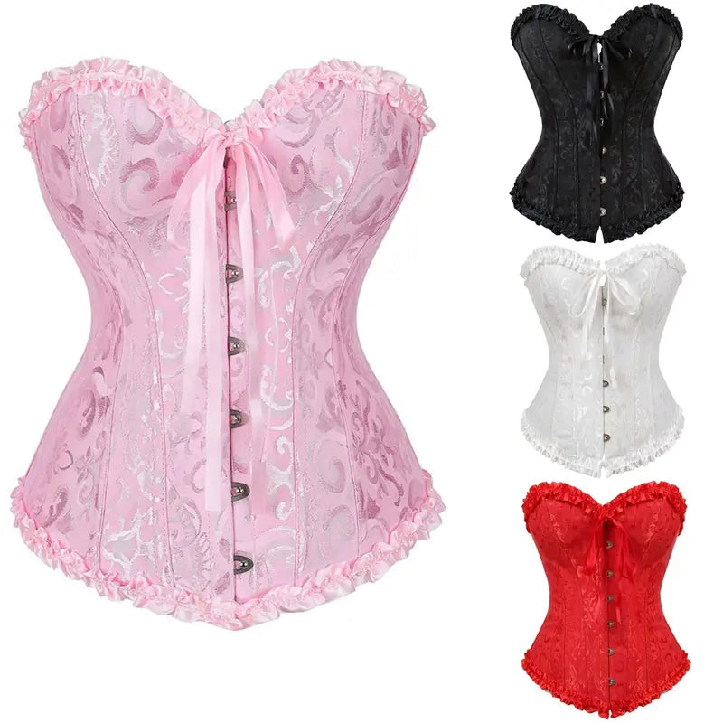 Women's Strapless Overbust Corset Top with Floral Pattern and Ruffle Trim [YQT:ULO-261008-012:d3c4868f3396511d]
