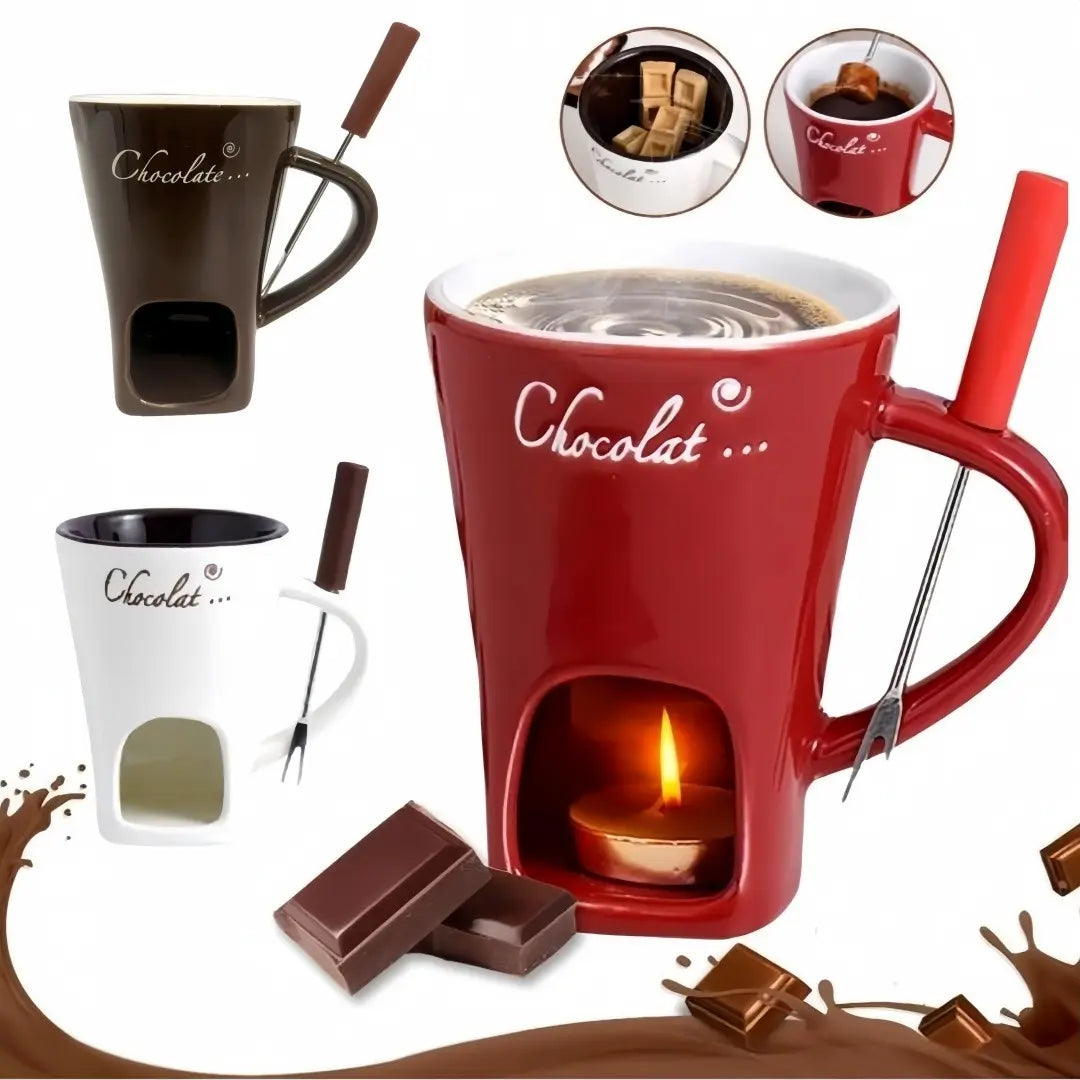 Ceramic Chocolate Fondue Cup with Tealight Holder and Fork, 2 Piece Set [YQT:ULO-261008-007:0d9f19a1261a47bd]