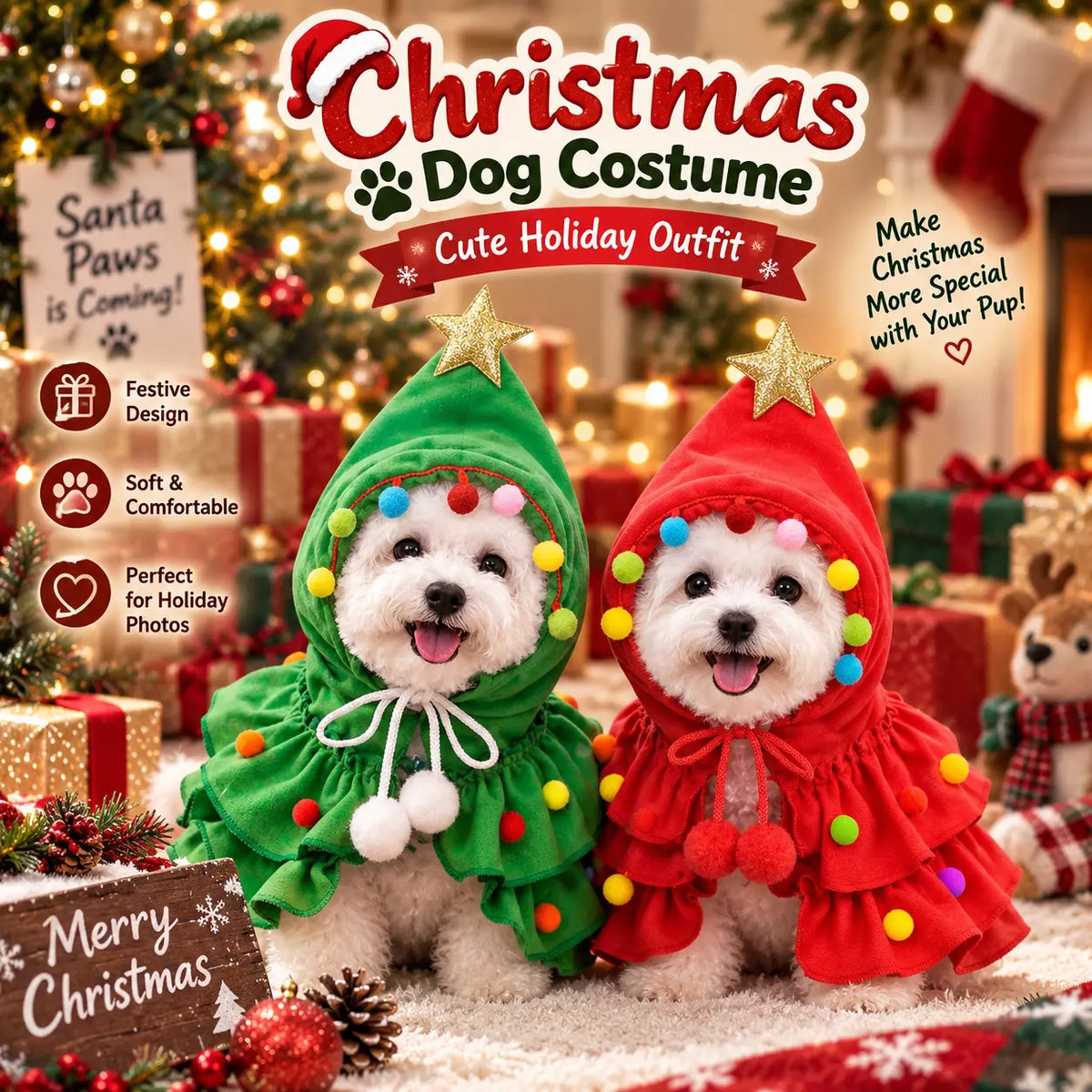 Christmas Tree Dog Costume Hooded Cape with Star and Colorful Pom Poms [YQT:ULO-260924-003:b5f5344e9707c726]
