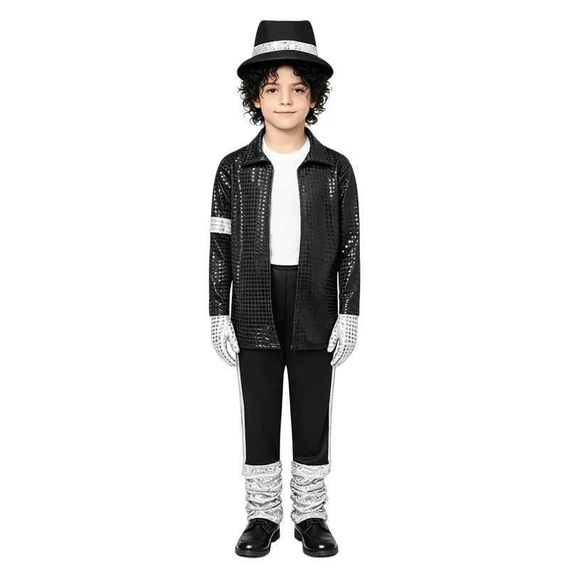 Boys Black Sequin Pop Star Costume Set with Silver Accents [YQT:ULO-261007-002:6459ae9610f1ede9]