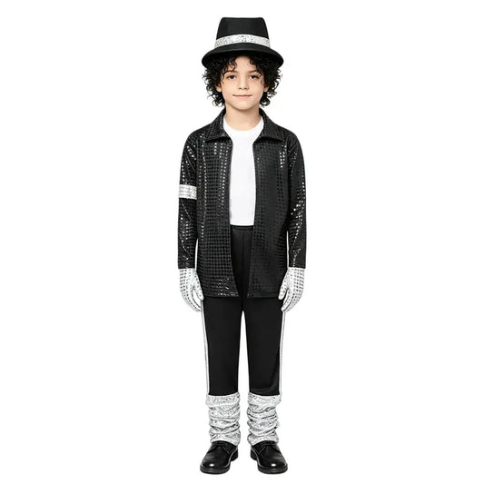 Boys Black Sequin Pop Star Costume Set with Silver Accents [YQT:ULO-261007-002:6459ae9610f1ede9]