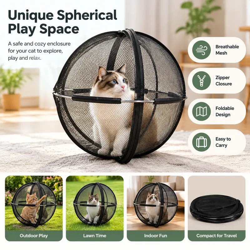 Portable Black Mesh Cat Enclosure with Spherical Pop-Up Design and Zipper Closure [YQT:ULO-261012-006:ee07cbfa9590569c]