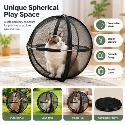 Portable Black Mesh Cat Enclosure with Spherical Pop-Up Design and Zipper Closure [YQT:ULO-261012-006:ee07cbfa9590569c]