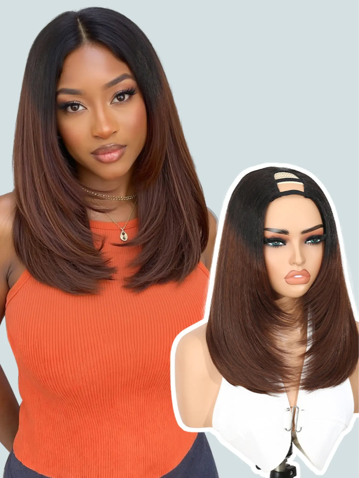 Women's Yaki Straight Layered U Part Synthetic Wig with Curved Ends [YQT:ULO-260917-004:110810d9a98016b4]