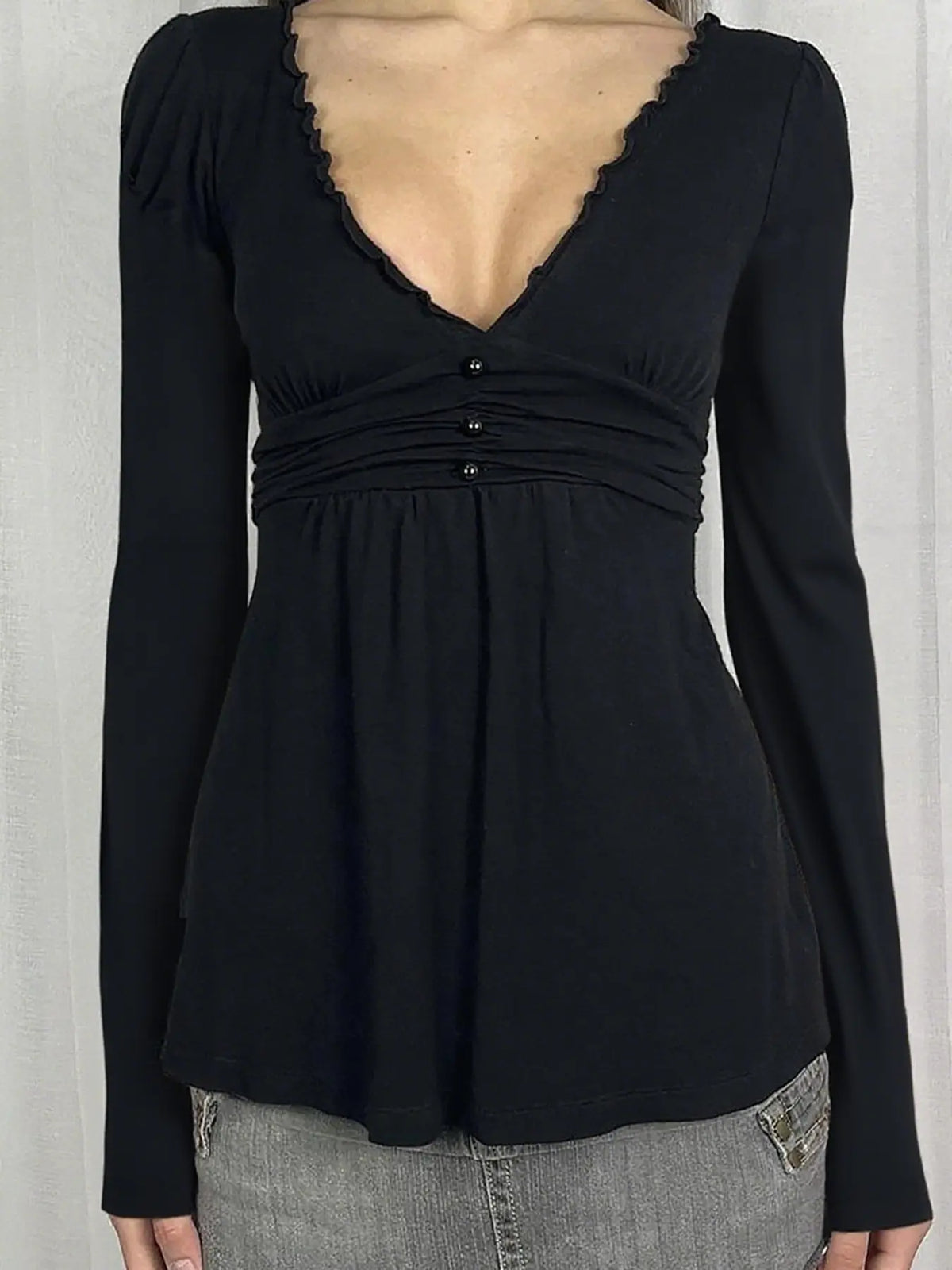 Women's Ruffle Trim V Neck Long Sleeve Top with Ruched Waist [YQT:ULO-260921-005:eacb41618f899809]