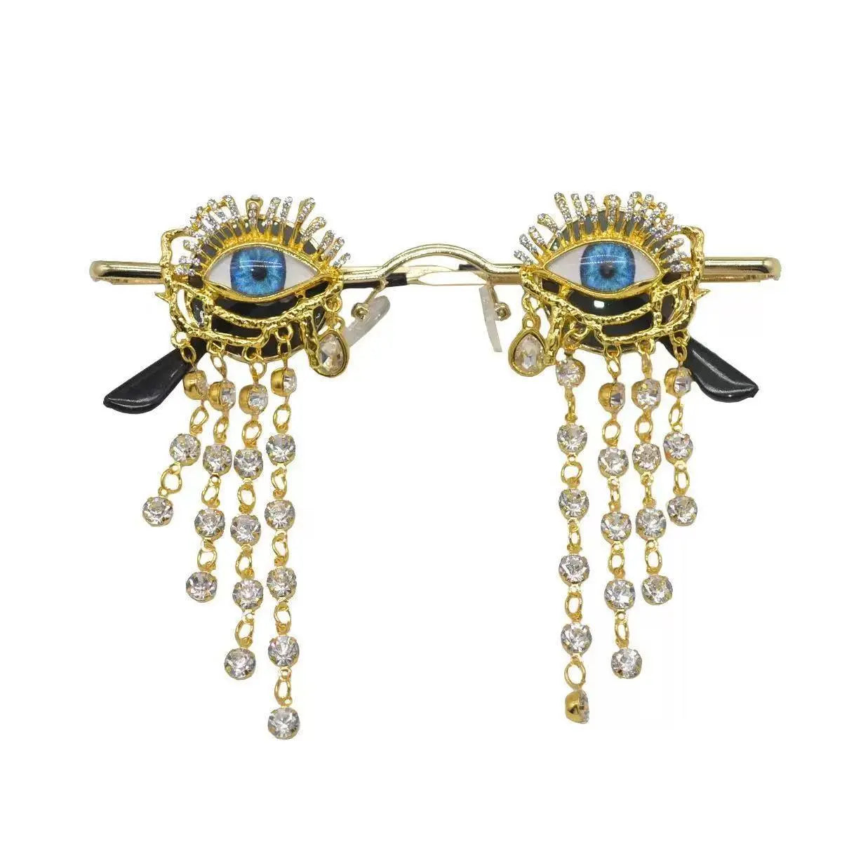 Gothic Blue Eye Glasses with Gold-Tone Frames and Dangling Rhinestone Chains [YQT:ULO-260916-002:87ecc535d71c6e8a]