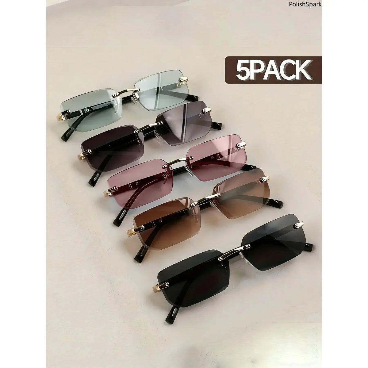 5-Piece Y2K Rimless Rectangular Sunglasses Set with Gold-Tone Details [YQT:ULO-260916-004:4779645bc83abbf8]