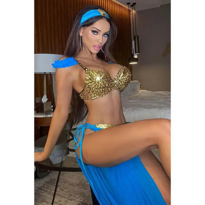 Blue Three Piece Princess Costume Set with Gold Sequin Top [YQT:ULO-261007-001:0aaf77b00f34e7d7]