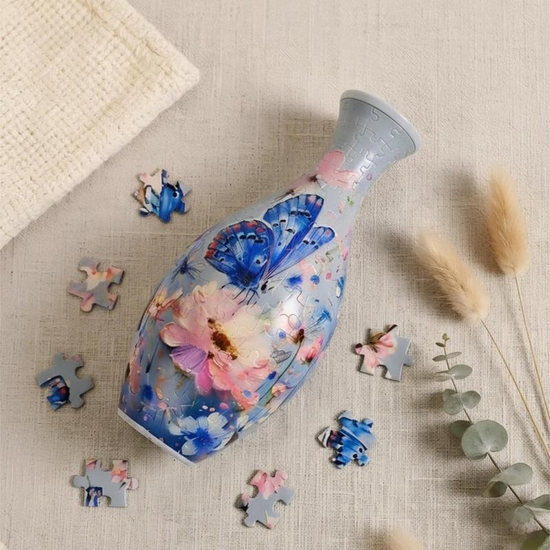 3D Puzzle Vase with Blue Butterfly and Pink Floral Design [YQT:ULO-261017-006:1607e9164f8c9e1d]