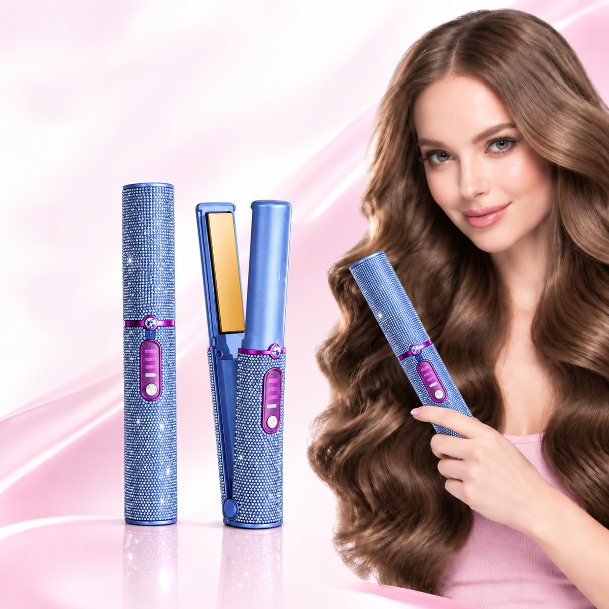 Cordless 2-in-1 Hair Straightener and Curler with Sparkling Rhinestone Design