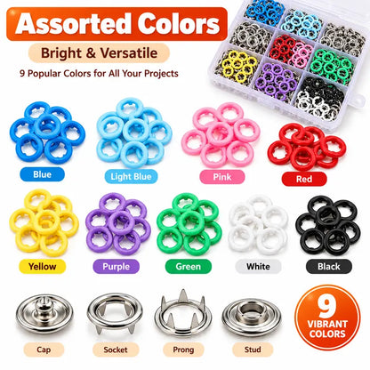 Colored Metal Snap Fastener Kit with Hand Pliers and Compartment Storage Box [YQT:ULO-261012-005:f8b21e507de1e7f7]