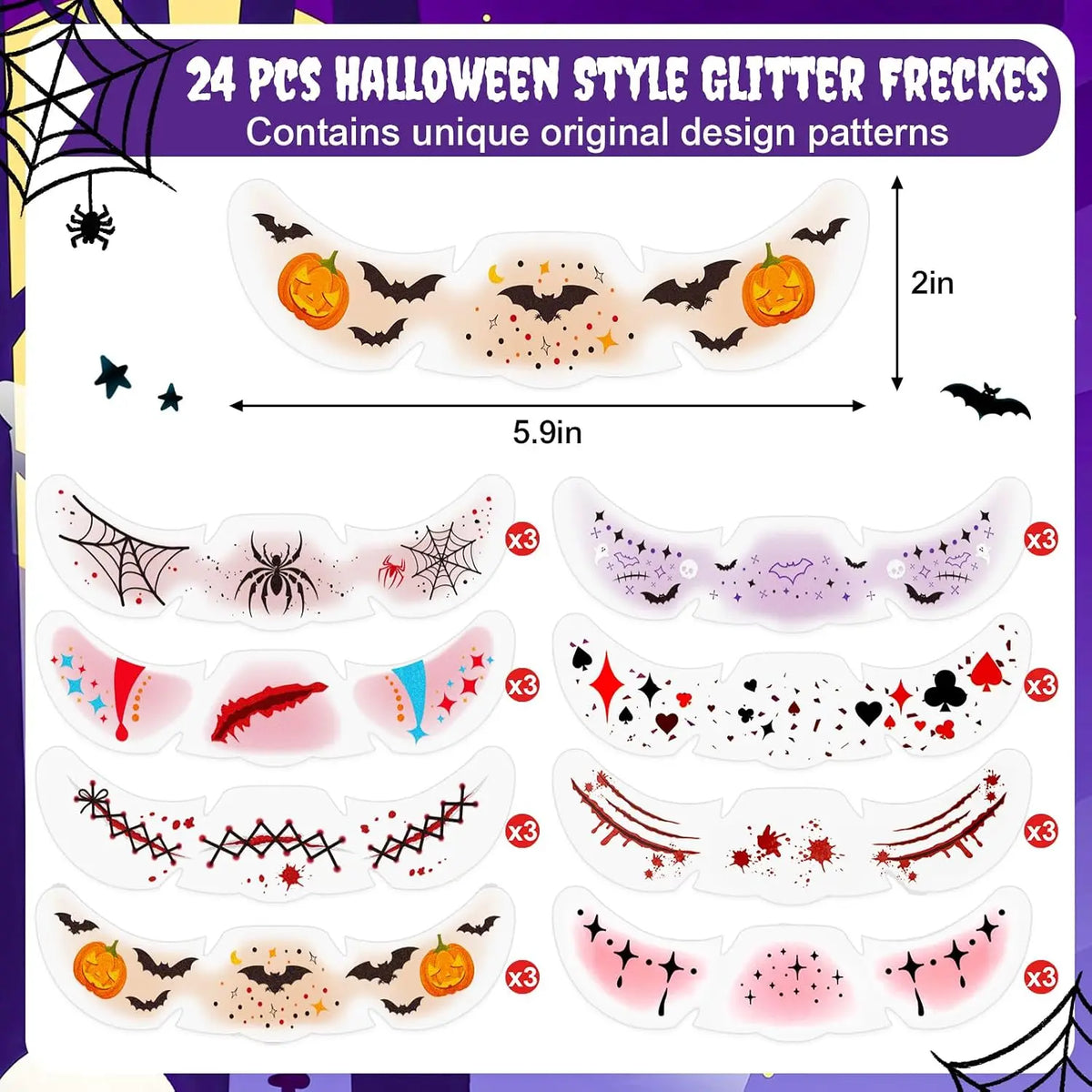 24-Piece Decorative Freckle Face Patches with Halloween and Glitter Designs [YQT:ULO-260914-003:2377b47c0d6a2bd3]