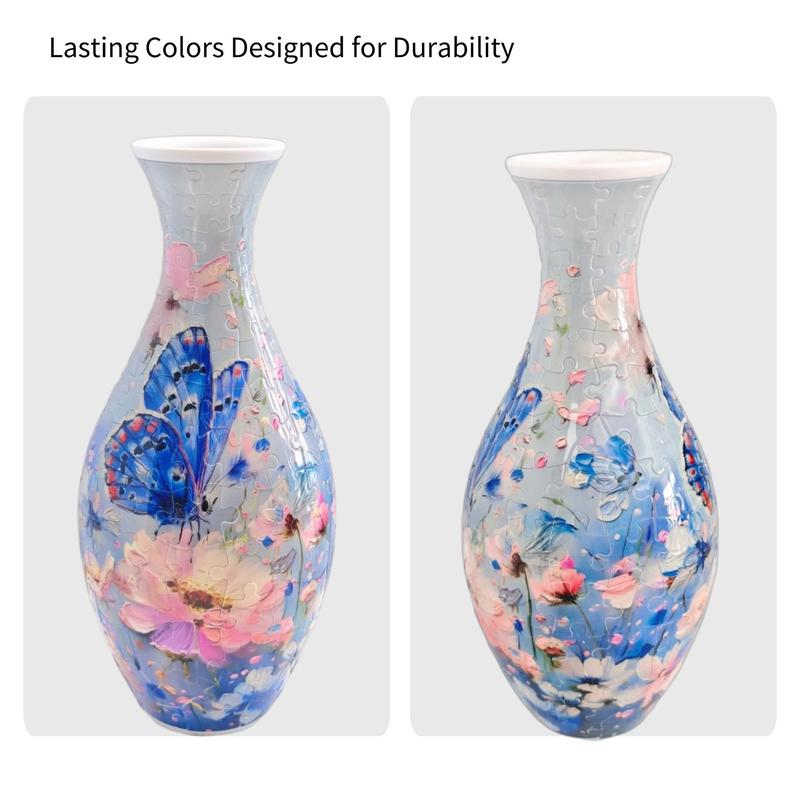 3D Puzzle Vase with Blue Butterfly and Pink Floral Design [YQT:ULO-261017-006:b01de3933bfc9f9d]