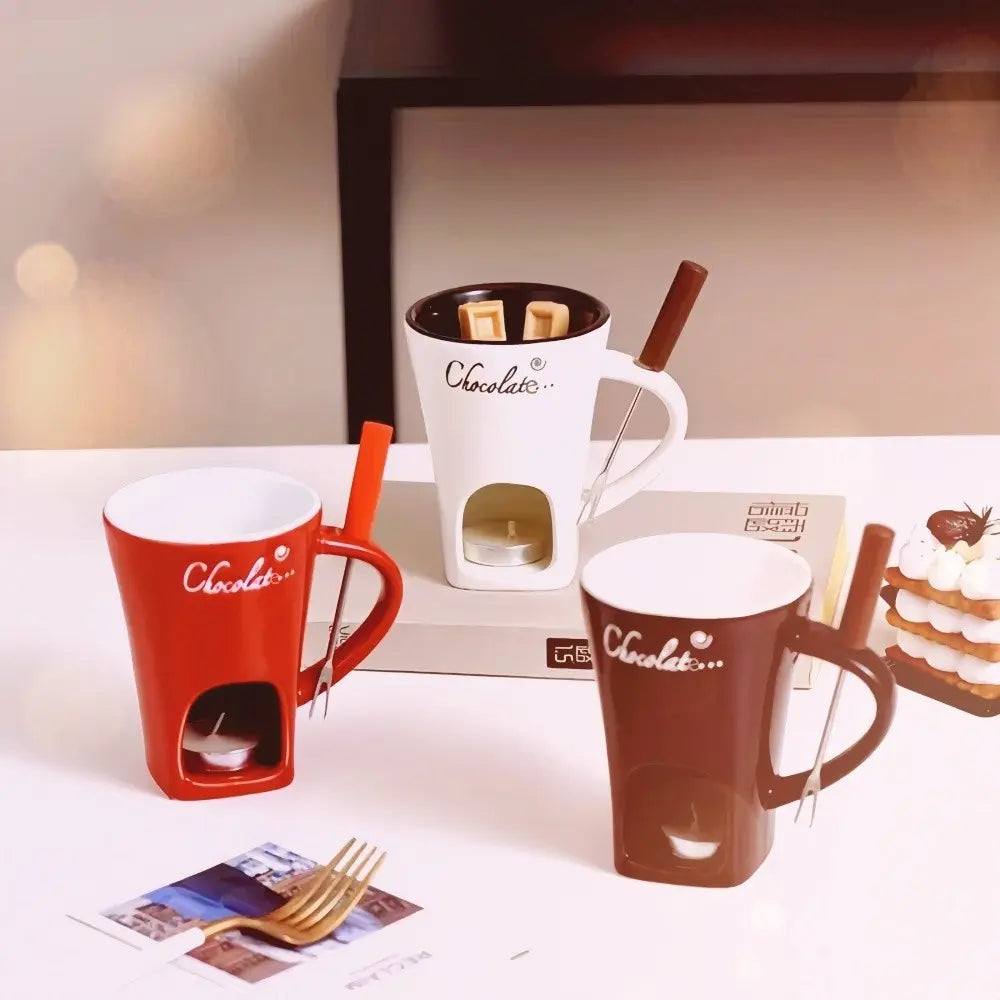 Ceramic Chocolate Fondue Cup with Tealight Holder and Fork, 2 Piece Set [YQT:ULO-261008-007:3060c2ab4de74f83]