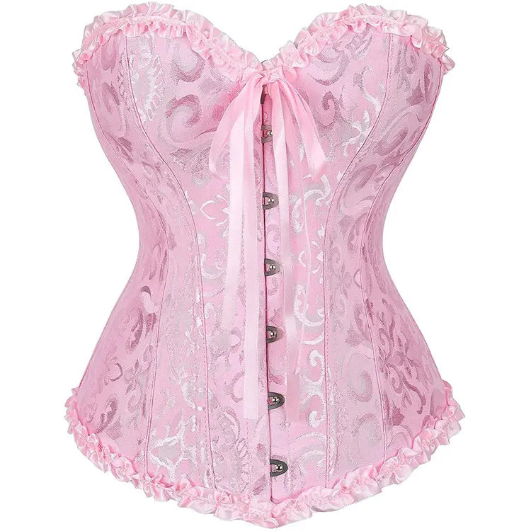 Women's Strapless Overbust Corset Top with Floral Pattern and Ruffle Trim [YQT:ULO-261008-012:e3e3b9c2f676718b]