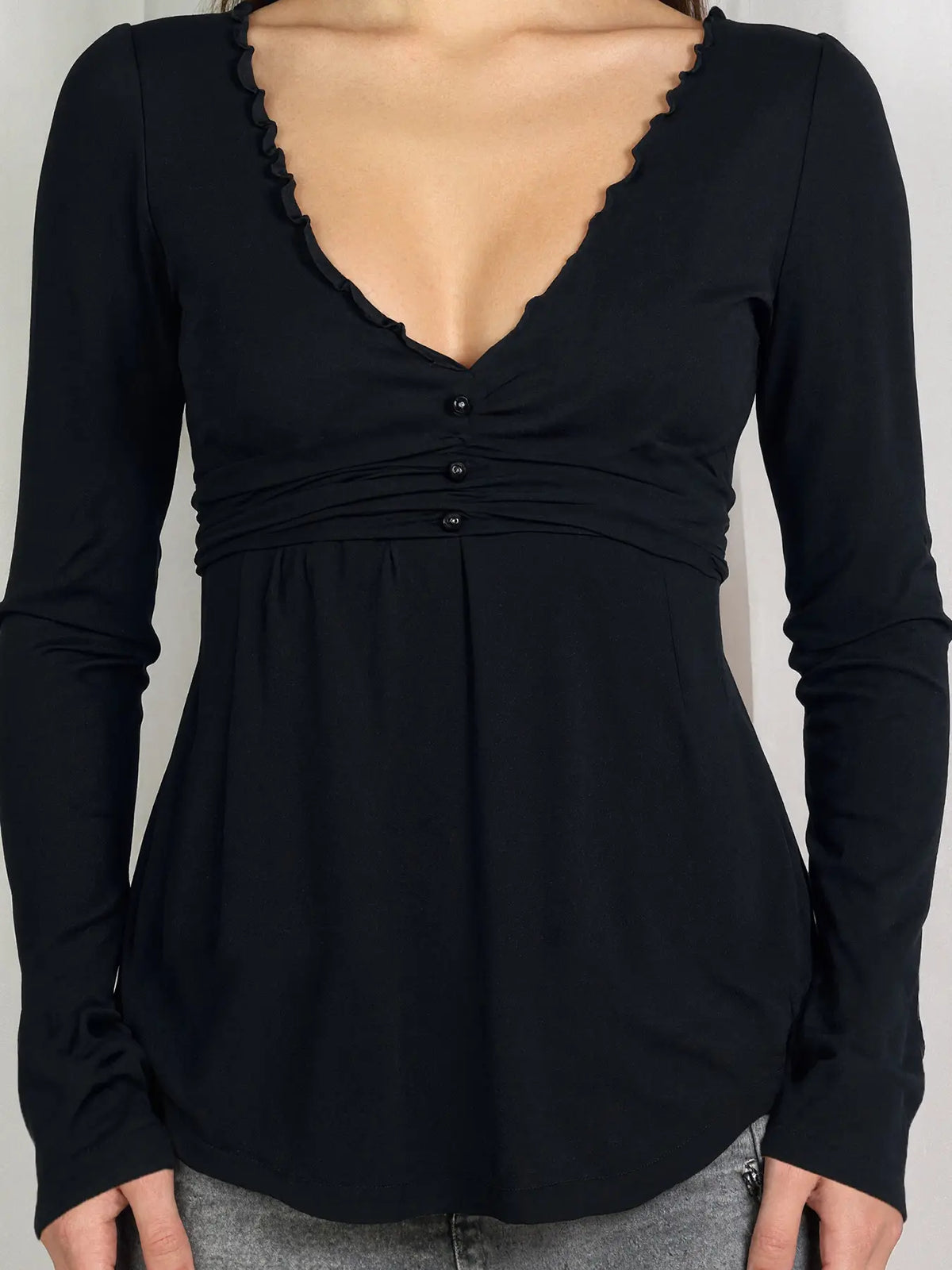 Women's Ruffle Trim V Neck Long Sleeve Top with Ruched Waist [YQT:ULO-260921-005:2027690fea497f31]