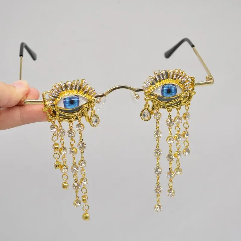 Gothic Blue Eye Glasses with Gold-Tone Frames and Dangling Rhinestone Chains [YQT:ULO-260916-002:49520c72faa40357]