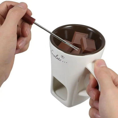 Ceramic Chocolate Fondue Cup with Tealight Holder and Fork, 2 Piece Set [YQT:ULO-261008-007:7e465b3f2ba6ed97]