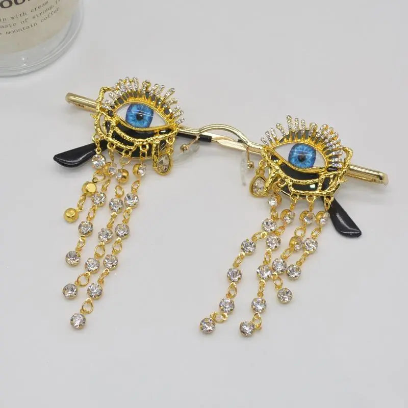 Gothic Blue Eye Glasses with Gold-Tone Frames and Dangling Rhinestone Chains [YQT:ULO-260916-002:011b6cfdd0caa0fa]