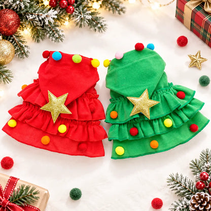 Christmas Tree Dog Costume Hooded Cape with Star and Colorful Pom Poms [YQT:ULO-260924-003:750ba1467b787d6b]