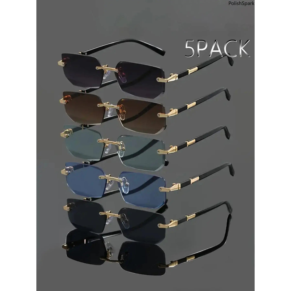 5-Piece Y2K Rimless Rectangular Sunglasses Set with Gold-Tone Details [YQT:ULO-260916-004:128d27345db5d6ea]