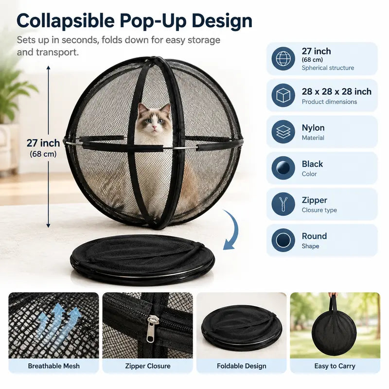 Portable Black Mesh Cat Enclosure with Spherical Pop-Up Design and Zipper Closure [YQT:ULO-261012-006:3f2361cdf91c91ff]