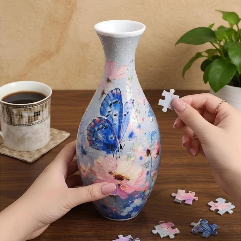 3D Puzzle Vase with Blue Butterfly and Pink Floral Design [YQT:ULO-261017-006:fa80c154cfcfe299]