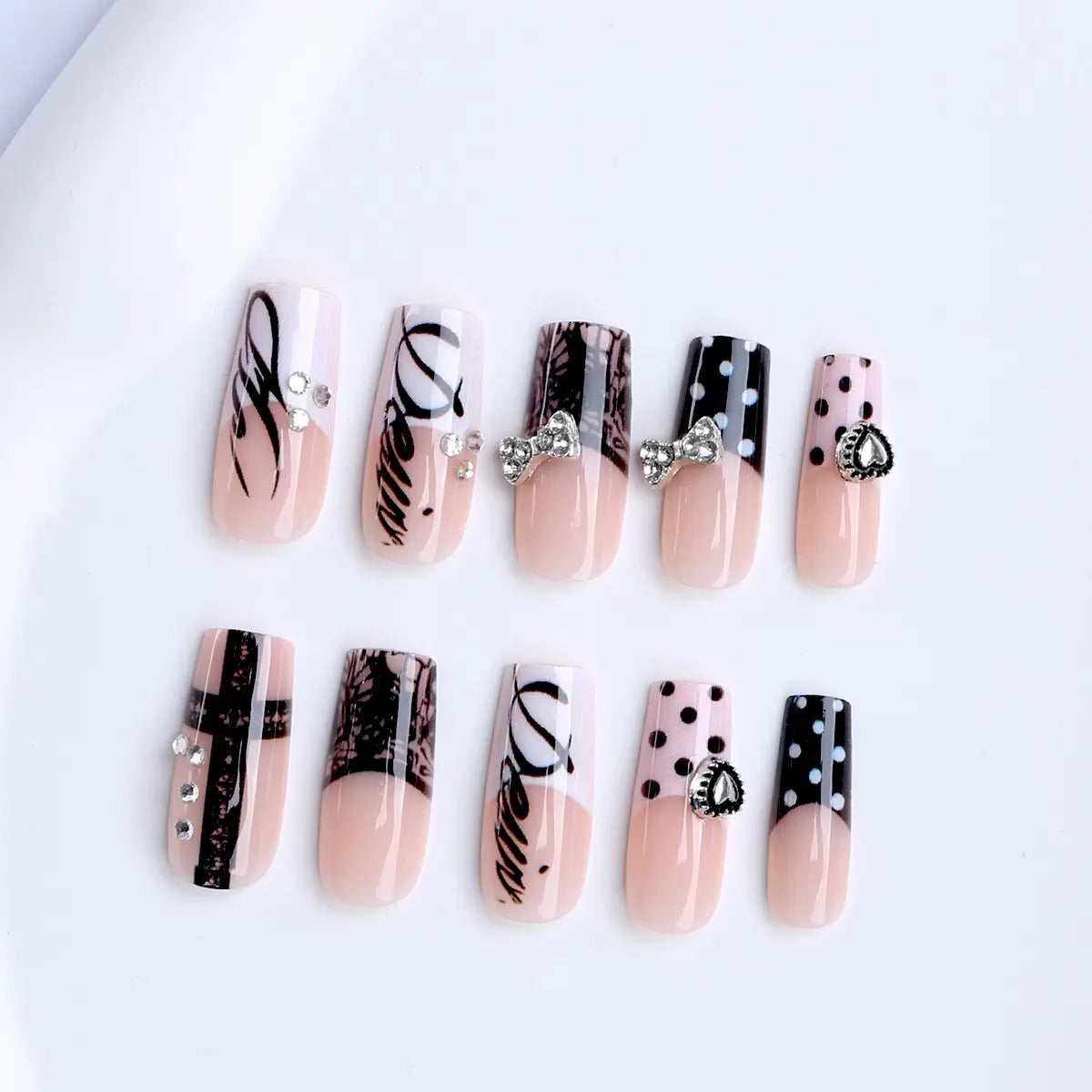 24-Piece Square Press-On Nails with Black Polka Dots and Rhinestone Accents [YQT:ULO-260918-003:b6b822536ee2f58e]