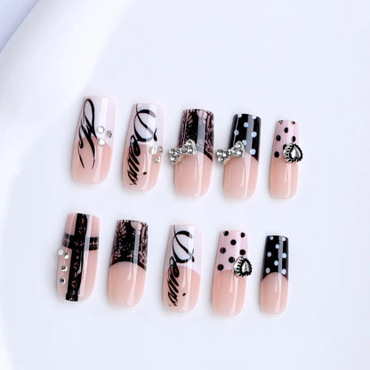 24-Piece Square Press-On Nails with Black Polka Dots and Rhinestone Accents [YQT:ULO-260918-003:b6b822536ee2f58e]