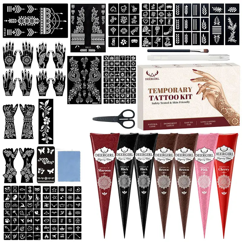 Temporary Tattoo Cone Kit with Floral, Mandala and Decorative Stencils [YQT:ULO-260920-005:48267290bd522907]