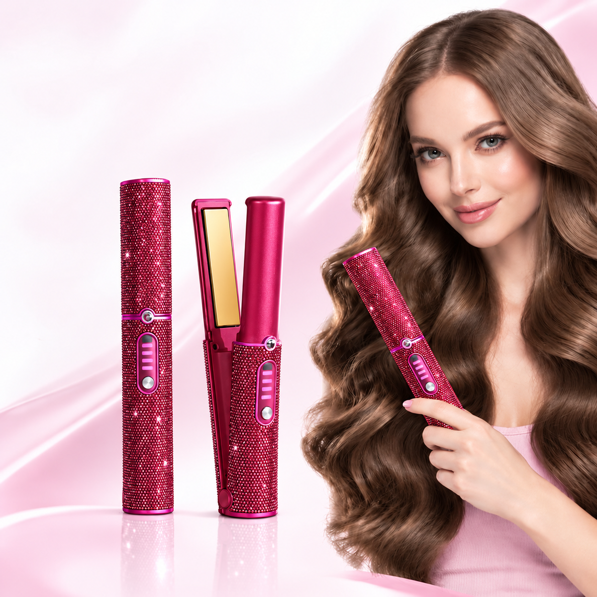 Cordless 2-in-1 Hair Straightener and Curler with Sparkling Rhinestone Design