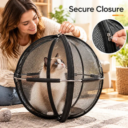Portable Black Mesh Cat Enclosure with Spherical Pop-Up Design and Zipper Closure [YQT:ULO-261012-006:c36e7e841ab587f9]